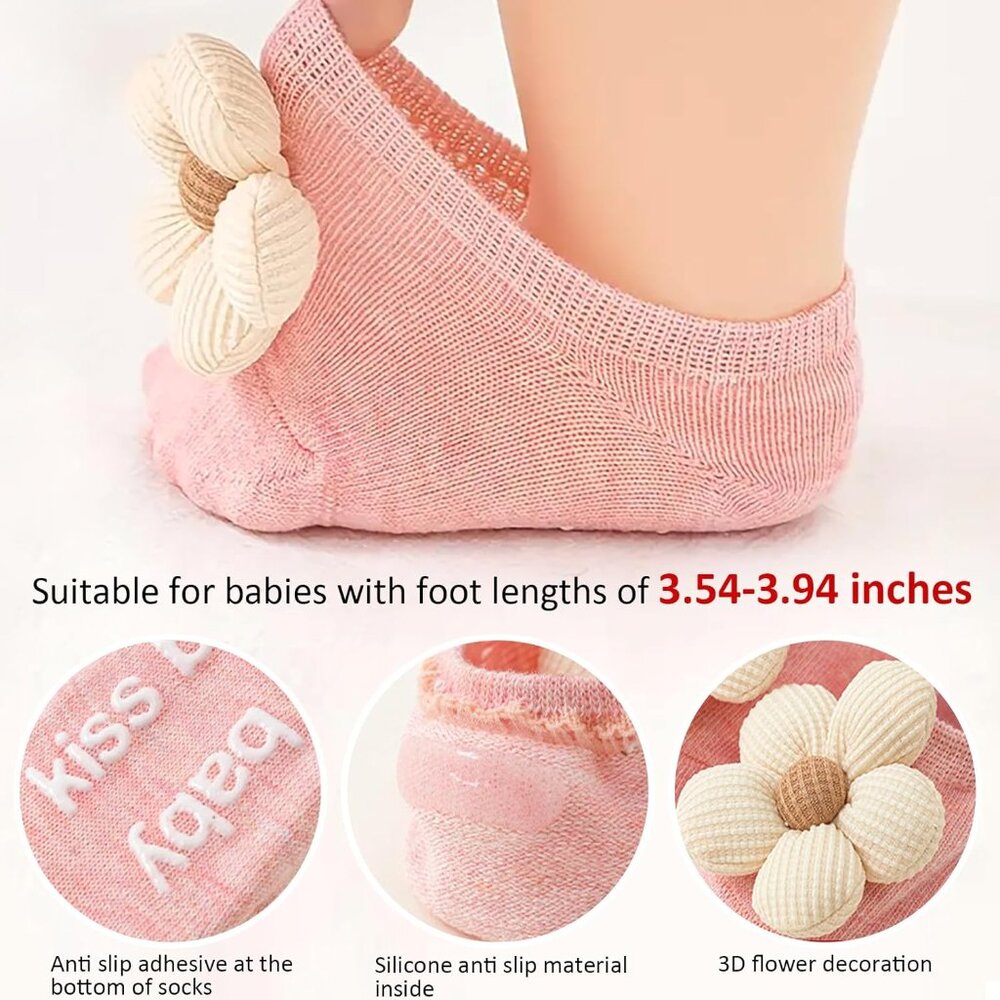 Flower Pattern Non-Slip Ankle Socks for Tiny Feet - 4-Pack for Babies 0-6 Months - Picture 5 of 6